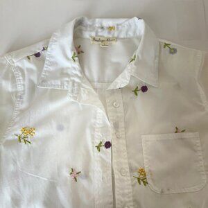 Indigo Rose White Floral Embroidered Button-Up Blouse | Statement Pocket | Long